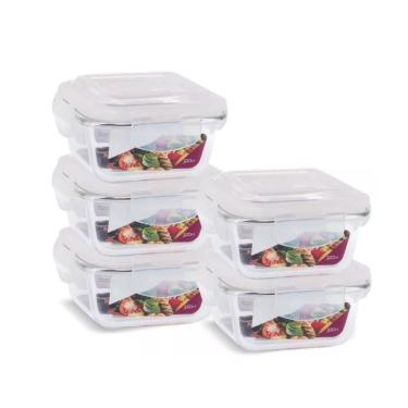 Imagem de Kit 5 potes vidro hermético trava quadrado 320ml marmita