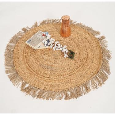 Imagem de NAMASTE VINTAGE Tapete redondo de juta, bronzeado natural, trançado com franja, estilo fazenda, tecido à mão para sala de estar, uso interno e externo (1,8 m redondo)