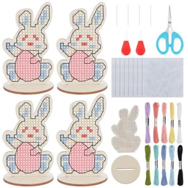 Imagem de FREEBLOSS Conjunto de 8 kits de ponto de cruz de madeira de Páscoa de coelho 3D para decoração de ponto cruz de Páscoa para iniciantes, kits de ponto cruz com contagem de madeira, kit de artesanato de