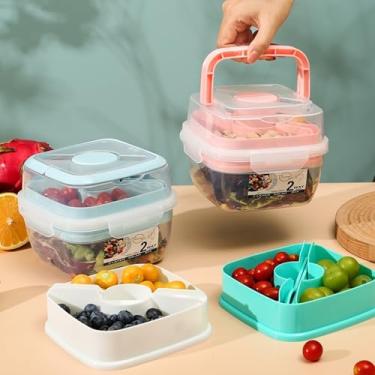 Imagem de 1 caixa de aveia de camada dupla para salada – Recipiente de refeição portátil de 800 ml com garfo e xícara de molho azul