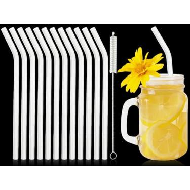 Imagem de 12 canudos de vidro reutilizáveis de 20 x 8 mm com escova de limpeza para chá, smoothies, milkshakes, sucos, bebidas (jade branco)