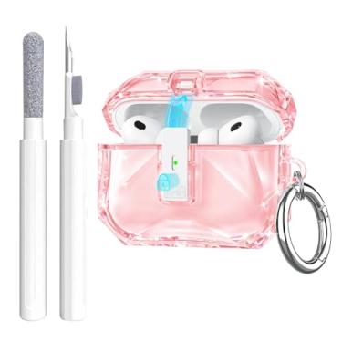 Imagem de Aircawin Capa transparente para Airpods Pro 3, design de diamante fofo para Airpods Pro 3ª geração, trava segura e pop-up automático, não amarela, à prova de choque, capa de TPU macio com mosquetão e