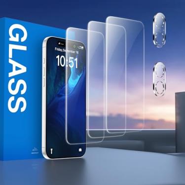 Imagem de [Pacote com 3 + 2] Pacote com 3 protetores de tela + 2 protetores de lente de câmera para iPhone 17, cobertura total, dureza 9H, vidro temperado, transparente HD, resistente a arranhões, compatível