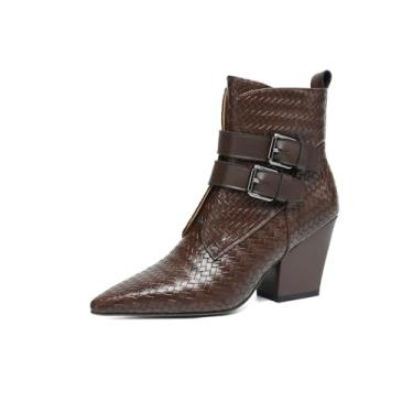 Imagem de TinaCus Bota feminina de couro legítimo, feita à mão, bico fino, zíper lateral, salto empilhado, fivela, Marrom, 39
