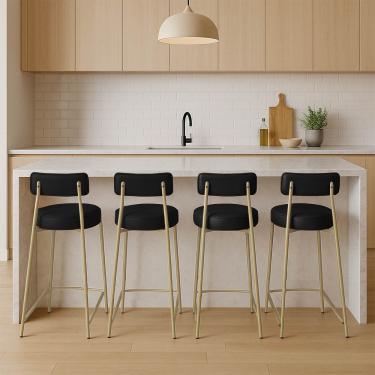 Imagem de Banqueta Cozinha Média com Encosto Industrial Champanhe Kit 4 Londres PU Preto D03 - D'Rossi