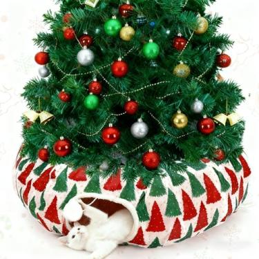 Imagem de Túnel de cama de gato de Natal 0,9 m x 0,9 m x 25 cm sob árvore de Natal túneis de donut para gatos reconfiguráveis para gatinhos internos Natal inverno pelúcia Peekaboo caverna brinquedo dobrável 3