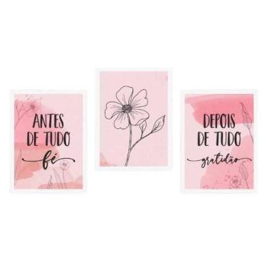 Imagem de Kit 3 Quadros Sobre Fé E Gratidão Rosa 33X24 C/Vidro Branca - Quadros 