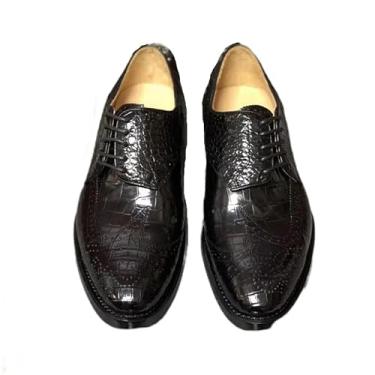 Imagem de Sapato social autêntico de couro de crocodilo verdadeiro verdadeiro couro de jacaré feito à mão masculino com cadarço preto Oxfords, Preto, 40