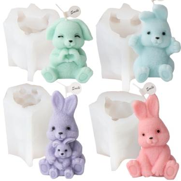 Imagem de 4 peças - molde de silicone para vela de coelho - lindo coelho da Páscoa perfumado molde de pedra difusora - 3D coelho bebê resina gesso feito à mão dia das mães decoração de casa (4 peças molde de