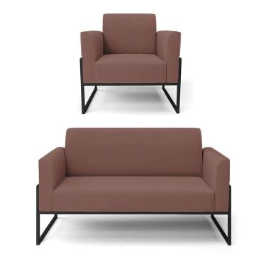 Imagem de Sofá Namoradeira Com Poltrona Base Industrial Alta Preto Marisa Veludo Rosê D03 - D\'rossi