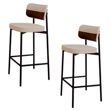 Imagem de Banqueta Alta Bar Estofada Kit 2 Ella M25 Linho Areia/marrom - Mpozenato