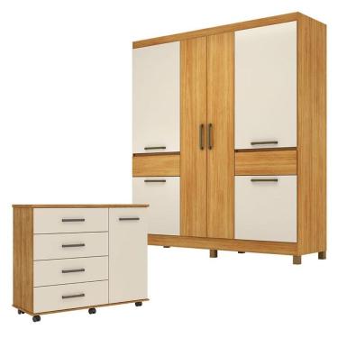 Imagem de Cômoda Flora E Guarda Roupa Casal Mauá Cinamon Touch Off White - Demóbile
