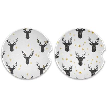 Imagem de Blueangle Pacote com 2 porta-copos de carro de cerâmica absorvente de 6 cm com design de veado preto de Natal e aderência na ponta dos dedos para porta-copos de carro (415)