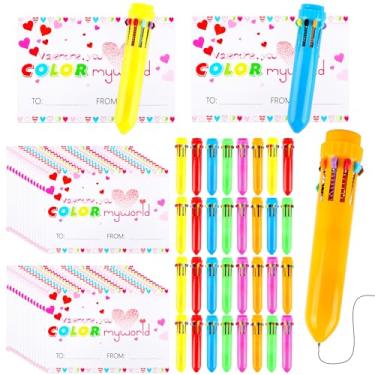 Imagem de Spaluck Conjunto de 36 canetas e cartões multicoloridos para presente, incluindo 36 canetas esferográficas retráteis, 36 cartões comemorativos e pontos adesivos de dupla face para sala de aula