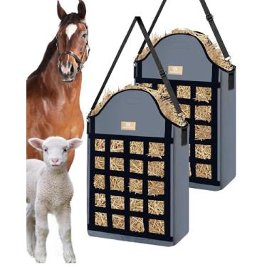 Imagem de Excoutsty Sacos de feno para cavalos, 4 pacotes de sacos de feno de alimentação lenta para cabras, ovelhas, burros, sacos de alimentação de feno Oxford reforçados 600D com design de redes de feno