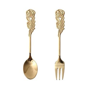 Imagem de Concha de sopa Colher em forma de rosa personalizada 304 colher aço inoxidável garfo sobremesa conjunto talheres, ouro