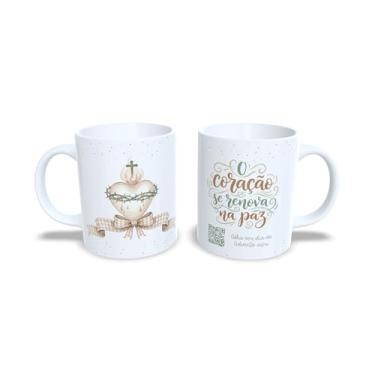 Imagem de Caneca Decorativa com Mensagem 'Que a Esperança Visite Seu Dia', Porcelana Branca, Design Floral Verde e Bege com Laço, QR Code (23205)