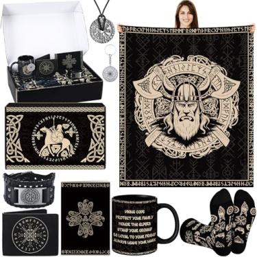 Imagem de Potchen Conjunto de 9 peças de presentes de Natal Viking Proteção Amuleto Carteira de Couro Cobertor de Lã Meia de Flanela Caneca de Café Cartão de Presente Caixa de Presente Acessórios para Homens