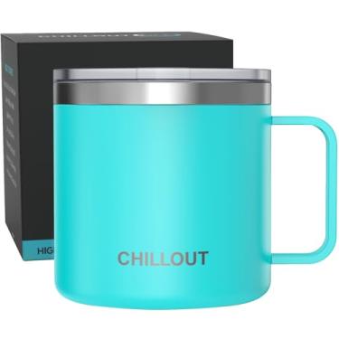 Imagem de CHILLOUT LIFE Caneca de café de aço inoxidável 473 ml isolada a vácuo com alça e tampa, caneca de café térmica grande para acampamento com tampa deslizante durável para homens e mulheres, mantém suas