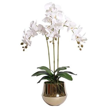 Imagem de LMJYU Presentes de flores artificiais Phalaenopsis de orquídea artificial com vaso dourado, arranjo de flores Phalaenopsis de seda sintética para jantar de casamento, branco