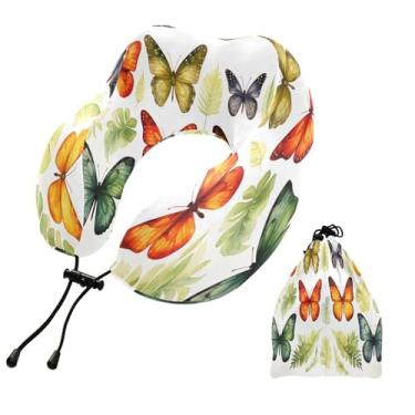 Imagem de CEBUGI Travesseiros de viagem portáteis em forma de U, travesseiro de pescoço de espuma viscoelástica com trava de corda ajustável para avião, viagem, trem, negócios, escritório, soneca (borboletas