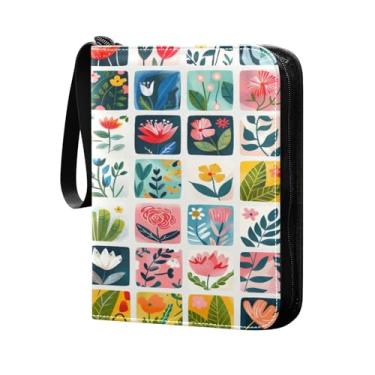 Imagem de Wassud Fichário de cartão colecionável com 4 bolsos ilustrações planas de flores comporta 400 cartões padrão à prova d'água TCG CCG MTG álbum presentes para colecionadores meninos meninas