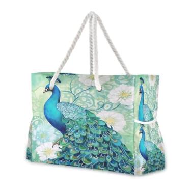 Imagem de Wassud Bolsa de praia feminina com estampa de pavão aquarela grande, à prova d'água, à prova de areia, bolsa de viagem com zíper e bolso para piscina, academia, acampamento