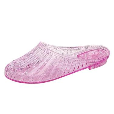 Imagem de OMGard Sapatos femininos gelatinosos, sandálias brancas com glitter, sapatilhas, sem cadarço, verão, praia, chinelos transparentes, fechados, macios, Rosa liso, 36