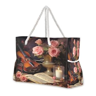 Imagem de Wassud Bolsa de praia com rosas e folha de música, grande, para mulheres, impermeável, à prova de areia, bolsa de viagem com zíper e bolso para piscina, academia, acampamento