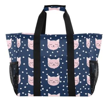 Imagem de Wassud Bolsa de compras reutilizável para gatos com pontos grande bolsa organizadora de lona impermeável para praia, piquenique, lavanderia, viagem