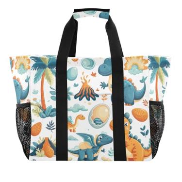 Imagem de Wassud Sacolas de compras reutilizáveis de dinossauros fofos, bolsa grande, impermeável, organizadora de lona para praia, piquenique, lavanderia, viagem