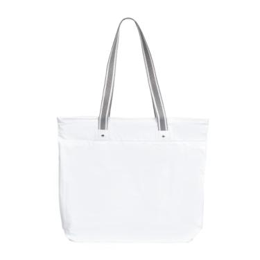 Imagem de Bolsa de Praia e Piscina Impermeável com Zíper e Bolso Interno, Azul Claro, Sacola Tote (Impermeável, Branco Listra)
