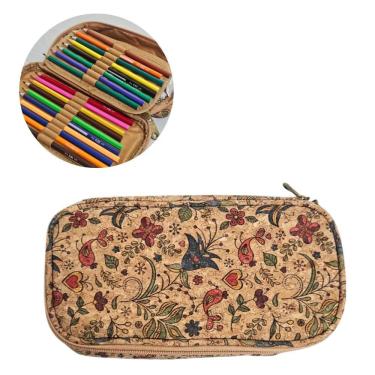 Imagem de Estojo Escolar Duplo Estampa Floral Vibrante Cortiça Grande Box Lápis Materia Colorido Estudante