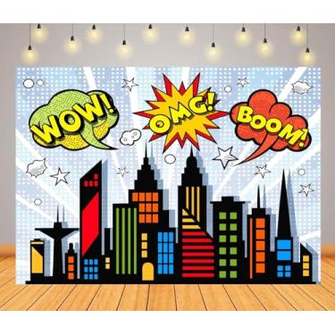 Imagem de Loccor 2,1 x 1,5 m tecido desenho animado super cidade pano de fundo colorido estilo quadrinhos cidade urbana paisagem noturna para decoração de festa de aniversário de super-heróis, meninos, crianças