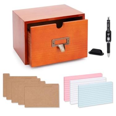 Imagem de Suporte de cartão com gaveta, inclui 150 cartões de índice, 5 divisórias Kraft e 2 porta-canetas, suporte de cartão de índice de 7 x 12 cm estilo vintage para organização de casa e escritório, ideal