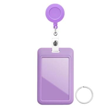 Imagem de Carretel de crachá retrátil com porta-crachá de identificação deslizante de cor lisa, chaveiro, suporte de crachá de plástico rígido para escritório, identificação escolar, crédito, cartão de