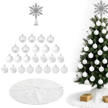 Imagem de Hoolerry Conjunto de 26 peças de enfeites de Natal brancos, saia de árvore de 76 cm, enfeite de árvore de floco de neve prata com glitter e 24 bolas de Natal brancas penduradas para decoração de Natal