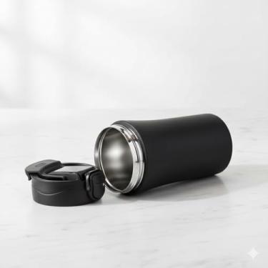 Imagem de Copo Térmico 500ml Inox com Tampa e Canudo – Mantém Bebida Quente ou Gelada – Parede Dupla + Base Antiderrapante – Uso no Trabalho, Carro e Academia – Cores Preto e Branco (Preto)