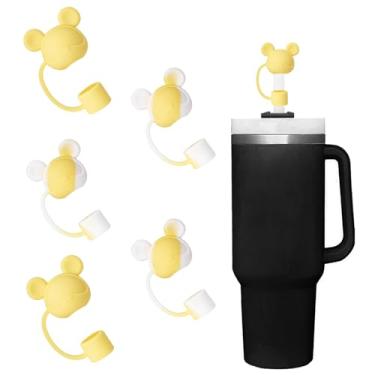 Imagem de SEEZIZI 5 peças de tampas de palha de urso compatíveis com copos Stanley de 30 e 1,134 g, tampas de silicone reutilizáveis e fofas para canudos StanleyCups de 10 mm. Acessórios - amarelo e branco