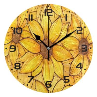Imagem de JUZIHAI Relógio de parede com girassol amarelo, silencioso, redondo, sem tique-taque, operado por bateria, fácil de ler, relógio decorativo de parede para casa, cozinha, sala de estar, quarto