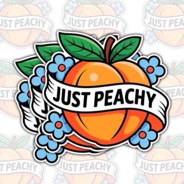 Imagem de 3 adesivos Just Peachy, lindo adesivo de pêssego, adesivos estéticos com citação positiva, adesivos florais alegres, cortados à prova d'água para laptop, garrafa de água, capacete de janela de