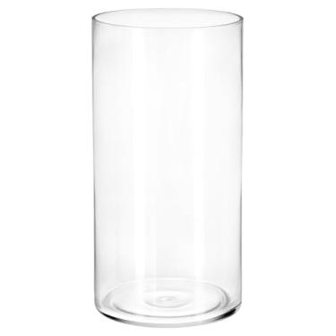 Imagem de QWORK Vaso de vidro transparente – Peça central de cilindro decorativo de 30 cm de altura para casa, casamento, uso floral e vela, abertura de 15 cm