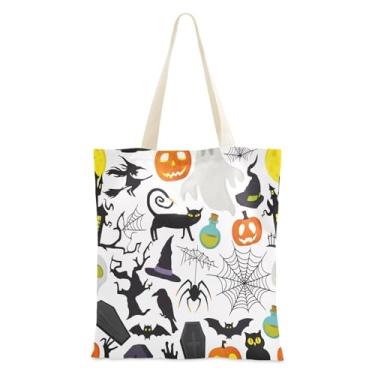 Imagem de JUZIHAI Sacola de lona de Halloween, Halloween Boo Teia de aranha reutilizável com bolso interno, bolsa de viagem de grande capacidade para festa de compras