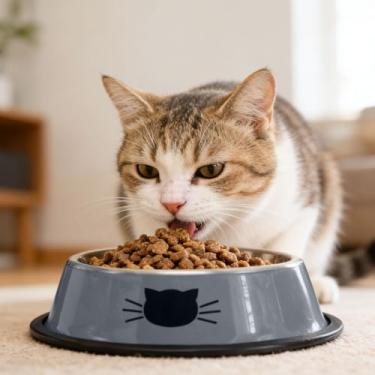 Imagem de Tigela charmosa para gatos, estampa de rosto de gato, aço inoxidável, antiderrapante, tigela de água para gatos e cães (branca)