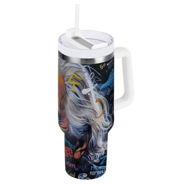 Imagem de ODAWA Copo grande com isolamento de parede dupla, copo isolado de aço inoxidável Albert Einstein's Face com canudo e alça