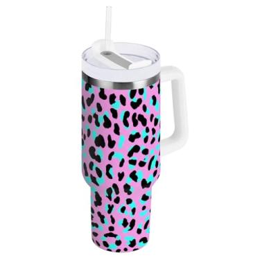 Imagem de ODAWA Copos grandes com isolamento duplo de leopardo azul rosa com alça e tampa de canudo para viagem