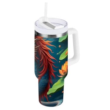 Imagem de ODAWA Copo de café grande para viagem com alça e tampa de palha, adorável copo à prova de derramamento de dragão com canudo