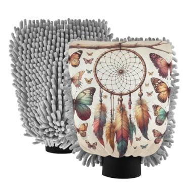 Imagem de ODAWA Pacote com 2 luvas para lavagem de carro Dreamcatcher Butterflies Chenille, luvas de lavagem de carro para canhão de espuma 20,5 cm x 30 cm