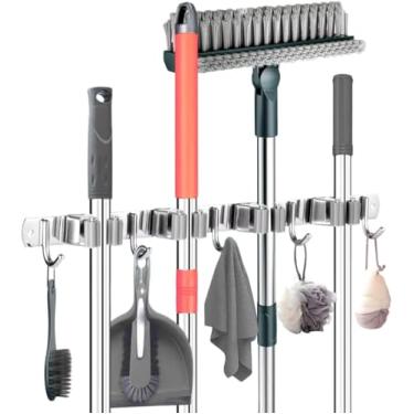 Imagem de Suporte De Vassoura Parede Porta Vassoureiro Organizador de Ambiente para Vassouras Rodos e Esfregões 4 Suportes 5 Ganchos Aço Inoxidável Premium