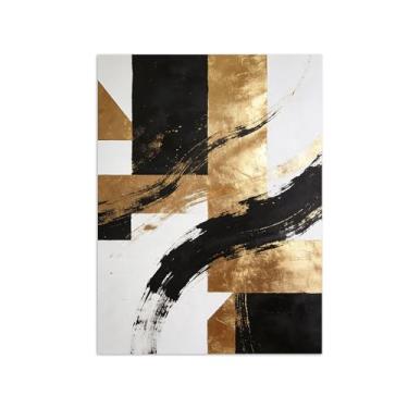Imagem de Impressões abstratas em tela-Quadro texturizado para parede-Preto branco e dourado-Pintura moderna para sala de estar 80x105cm Sem Moldura